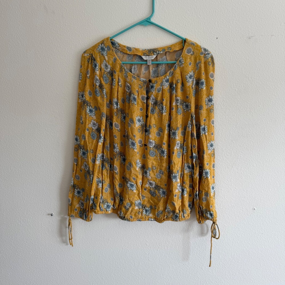 Lucky Brand Womens Yellow Floral Viscose Blouse Tie Cuff Elastic Hem Size M